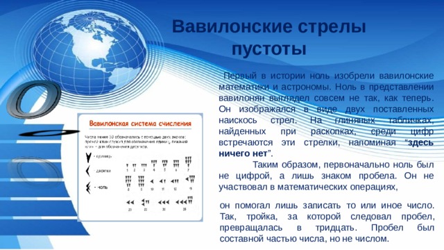 Вавилонские стрелы пустоты  Первый в истории ноль изобрели вавилонские математики и астрономы. Ноль в представлении вавилонян выглядел совсем не так, как теперь. Он изображался в виде двух поставленных наискось стрел. На глиняных табличках, найденных при раскопках, среди цифр встречаются эти стрелки, напоминая “ здесь ничего нет ”.  Таким образом, первоначально ноль был не цифрой, а лишь знаком пробела. Он не участвовал в математических операциях, он помогал лишь записать то или иное число. Так, тройка, за которой следовал пробел, превращалась в тридцать. Пробел был составной частью числа, но не числом. 