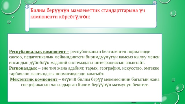 Билим берүүнүн мамлекеттик стандарттарына үч компоненти кѳрсѳтүлгѳн: Республикалык компонент – республиканын белгиленген нормативди сактоо, педагогикалык мейкиндиктеги биримдүүлүгүн камсыз кылуу менен инсандын дүйнѳлүк маданий системадагы интеграциясын аныктайт. Регионалдык – эне тил жана адабият, тарых, география, искусство, эмгекке тарбиялоо жаатындагы нормативдерди камтыйт. Мектептик компонент – ѳзүнчѳ билим берүү мекемесинин багытын жана спецификасын чагылдырган билим берүүнүн мазмунун бекитет. 