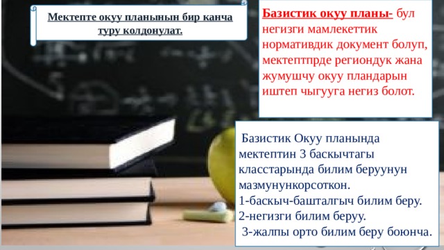Мектепте окуу планынын бир канча туру колдонулат. Базистик окуу планы- бул негизги мамлекеттик нормативдик документ болуп, мектептпрде региондук жана жумушчу окуу пландарын иштеп чыгууга негиз болот.  Базистик Окуу планында мектептин 3 баскычтагы класстарында билим беруунун мазмунункорсоткон. 1-баскыч-башталгыч билим беру. 2-негизги билим беруу. 3-жалпы орто билим беру боюнча. 