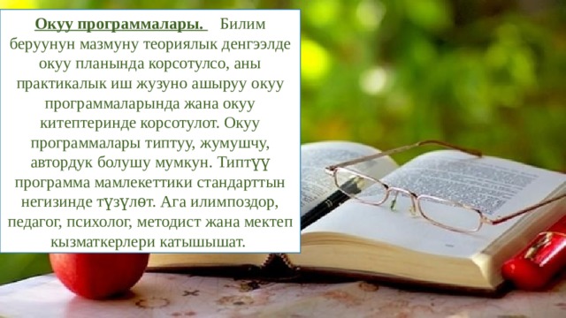 Окуу программалары. Билим беруунун мазмуну теориялык денгээлде окуу планында корсотулсо, аны практикалык иш жузуно ашыруу окуу программаларында жана окуу китептеринде корсотулот. Окуу программалары типтуу, жумушчу, автордук болушу мумкун. Типтүү программа мамлекеттики стандарттын негизинде түзүлѳт. Ага илимпоздор, педагог, психолог, методист жана мектеп кызматкерлери катышышат. 