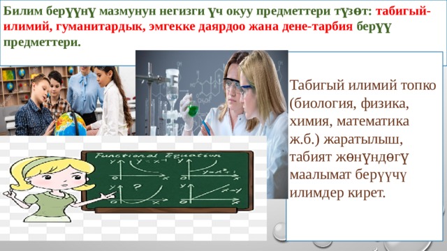 Билим берүүнү мазмунун негизги үч окуу предметтери түзѳт: табигый-илимий, гуманитардык, эмгекке даярдоо жана дене-тарбия берүү предметтери.  Табигый илимий топко (биология, физика, химия, математика ж.б.) жаратылыш, табият жѳнүндѳгү маалымат берүүчү илимдер кирет. 