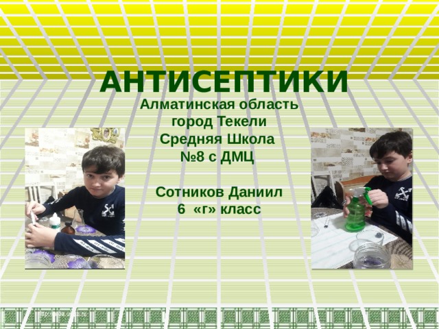 АНТИСЕПТИКИ  Алматинская область  город Текели  Средняя Школа  №8 с ДМЦ   Сотников Даниил  6 «г» класс       