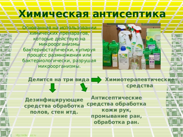 Химическая  антисептика Основанная на использовании химических препаратов, которые действую на микроорганизмы бактериостатически, купируя процесс размножения или бактериологически, разрушая микроорганизмы. Делится на три вида Химиотерапевтические средства Антисептические средства обработка кожи рук, промывание ран, обработка ран. Дезинфицирующие средства обработка полов, стен итд.  