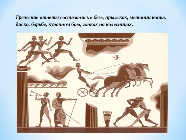 Греческие атлеты состязались в беге, прыжках, метании копья, диска, борьбе, кулачном бою, гонках на колесницах.   