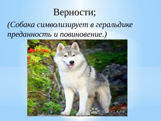 Верности; (Собака символизирует в геральдике преданность и повиновение.) 