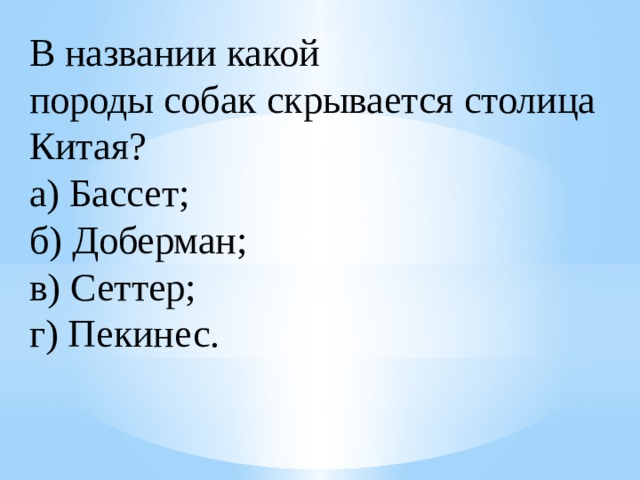 В названии какой породы собак скрывается столица Китая?  а) Бассет;  б) Доберман;  в) Сеттер;  г) Пекинес. 