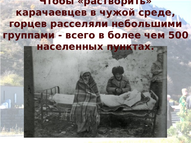 Чтобы «растворить» карачаевцев в чужой среде, горцев расселяли небольшими группами - всего в более чем 500 населенных пунктах. 
