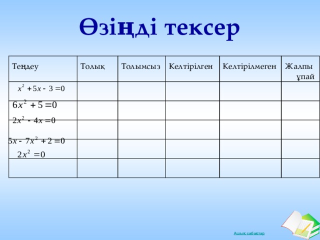 Өзіңді тексер Теңдеу Толық Толымсыз Келтірілген Келтірілмеген Жалпы ұпай 