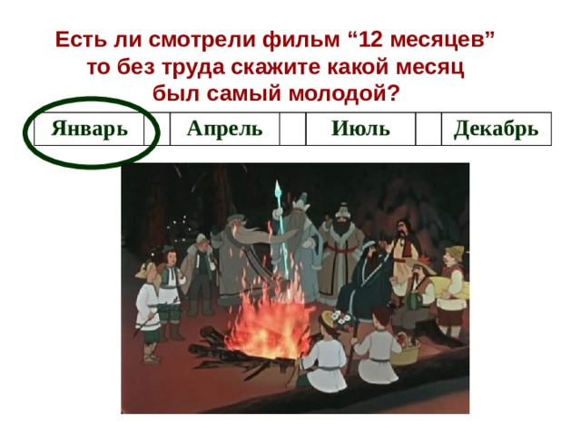 Есть ли смотрели фильм “12 месяцев” то без труда скажите какой месяц был самый молодой?  Январь Апрель Июль Декабрь 