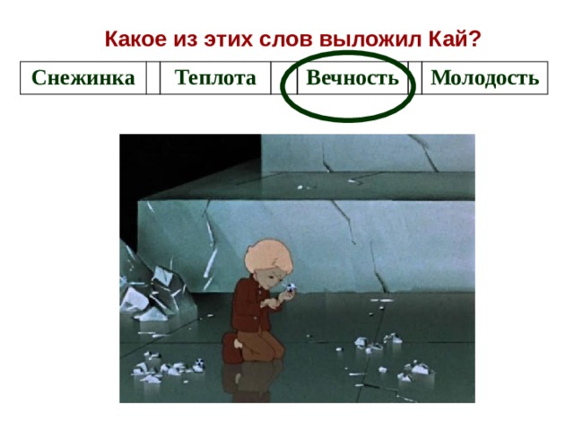 Какое из этих слов выложил Кай?  Снежинка Теплота Вечность Молодость 