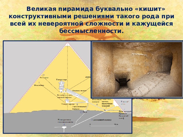 Великая пирамида буквально «кишит» конструктивными решениями такого рода при всей их невероятной сложности и кажущейся бессмысленности. 