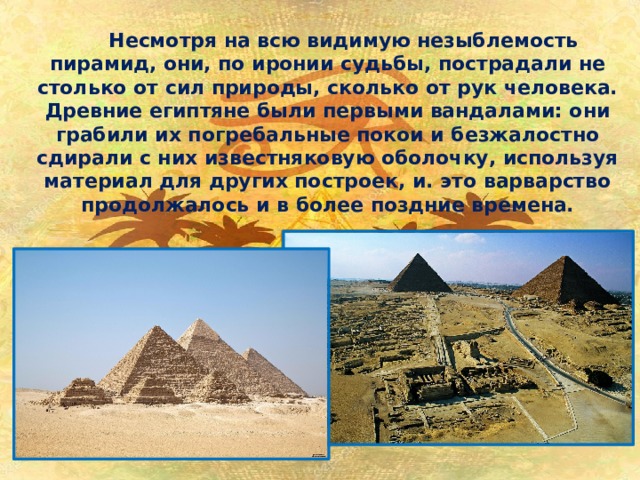  Несмотря на всю видимую незыблемость пирамид, они, по иронии судьбы, пострадали не столько от сил природы, сколько от рук человека. Древние египтяне были первыми вандалами: они грабили их погребальные покои и безжалостно сдирали с них известняковую оболочку, используя материал для других построек, и. это варварство продолжалось и в более поздние времена. 