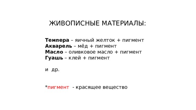 ЖИВОПИСНЫЕ МАТЕРИАЛЫ: Темпера – яичный желток + пигмент Акварель – мёд + пигмент Масло – оливковое масло + пигмент Гуашь – клей + пигмент и др. * пигмент - красящее вещество 