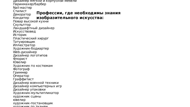 Профессии, где необходимы знания изобразительного искусства: Архитектор  Художник  Модельер  Дизайнер интерьеров  Дизайнер полиграфии  Дизайнер автомобилей  Дизайнер бытовой техники  Дизайнер мягкой и корпусной мебели  Парикмахер/барбер  Nail-мастер  Стилист  Декоратор  Кондитер  Повар высокой кухни  Скульптор  Ландшафтный дизайнер  Искусствовед  Историк  Пластический хирург  Татуировщик  Иллюстратор  Художник-бодиартер  Web-дизайнер  Дизайнер логотипов  Флорист  Ювелир  Художник по костюмам  Фотограф  Гриммер  Оператор  Граффитист  Дизайнер военной техники  Дизайнер компьютерных игр  Дизайнер упаковки  Художник-мультипликатор  художник сцены  ювелир  художник-постановщик  художник по тканям    и многие другие….    …..     