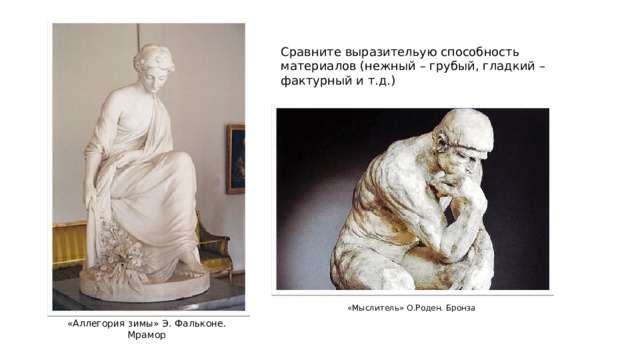 Сравните выразительую способность материалов (нежный – грубый, гладкий – фактурный и т.д.) «Мыслитель» О.Роден. Бронза «Аллегория зимы» Э. Фальконе. Мрамор 