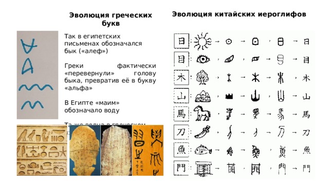 Эволюция китайских иероглифов Эволюция греческих букв Так в египетских письменах обозначался бык («алеф») Греки фактически «перевернули» голову быка, превратив её в букву «альфа» В Египте «маим» обозначало воду Та же волна в греческом языке – это буква «мю» 