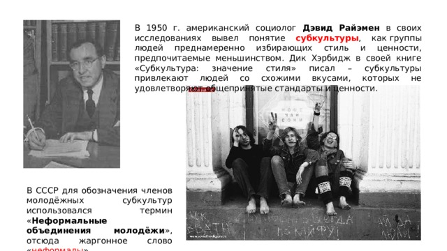 В 1950 г. американский социолог Дэвид Райэмен в своих исследованиях вывел понятие субкультуры , как группы людей преднамеренно избирающих стиль и ценности, предпочитаемые меньшинством. Дик Хэрбидж в своей книге «Субкультура: значение стиля» писал – субкультуры привлекают людей со схожими вкусами, которых не удовлетворяют общепринятые стандарты и ценности. В СССР для обозначения членов молодёжных  субкультур использовался термин « Неформальные объединения молодёжи », отсюда жаргонное слово « неформалы ». 