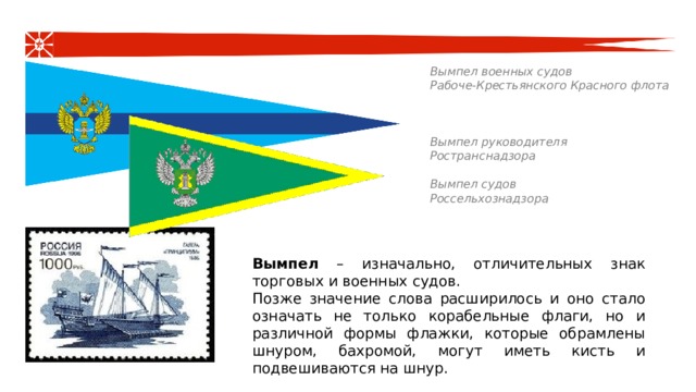 Вымпел военных судов Рабоче-Крестьянского Красного флота  Вымпел руководителя Ространснадзора Вымпел судов Россельхознадзора Вымпел – изначально, отличительных знак торговых и военных судов. Позже значение слова расширилось и оно стало означать не только корабельные флаги, но и различной формы флажки, которые обрамлены шнуром, бахромой, могут иметь кисть и подвешиваются на шнур. 