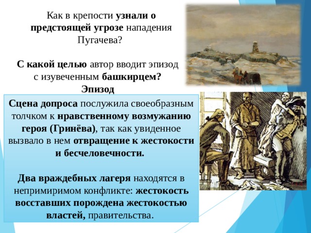 Как в крепости узнали о предстоящей угрозе нападения Пугачева? С какой целью автор вводит эпизод с изувеченным башкирцем? Эпизод Сцена допроса послужила своеобразным толчком к нравственному возмужанию героя (Гринёва) , так как увиденное вызвало в нем отвращение к жестокости и бесчеловечности. Два враждебных лагеря находятся в непримиримом конфликте: жестокость восставших порождена жестокостью властей, правительства. 