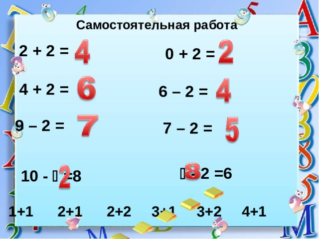 Самостоятельная работа 2 + 2 = 0 + 2 = 4 + 2 = 6 – 2 = 9 – 2 = 7 – 2 =   - 2 =6 10 -  =8 1+1 2+1 2+2 3+1 3+2 4+1  13 13 