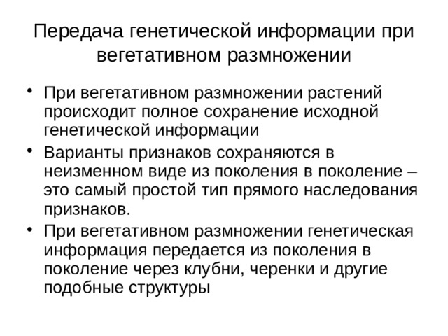 Передача генетической информации при вегетативном размножении При вегетативном размножении растений происходит полное сохранение исходной генетической информации Варианты признаков сохраняются в неизменном виде из поколения в поколение – это самый простой тип прямого наследования признаков. При вегетативном размножении генетическая информация передается из поколения в поколение через клубни, черенки и другие подобные структуры 