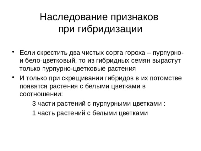 Наследование признаков  при гибридизации Если скрестить два чистых сорта гороха – пурпурно- и бело-цветковый, то из гибридных семян вырастут только пурпурно-цветковые растения И только при скрещивании гибридов в их потомстве появятся растения с белыми цветками в соотношении: 3 части растений с пурпурными цветками : 1 часть растений с белыми цветками 