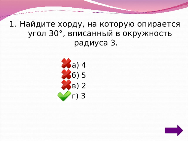 Найдите хорду, на которую опирается угол 30°, вписанный в окружность  радиуса 3. а) 4 б) 5 в) 2 г) 3 