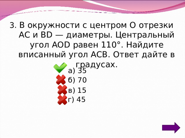 3. В окружности с центром O отрезки AC и BD — диаметры. Центральный угол AOD равен 110°. Найдите вписанный угол ACB. Ответ дайте в градусах. а) 35 б) 70 в) 15 г) 45 
