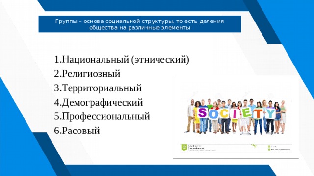 Группы – основа социальной структуры, то есть деления общества на различные элементы Национальный (этнический) Религиозный Территориальный Демографический Профессиональный Расовый 