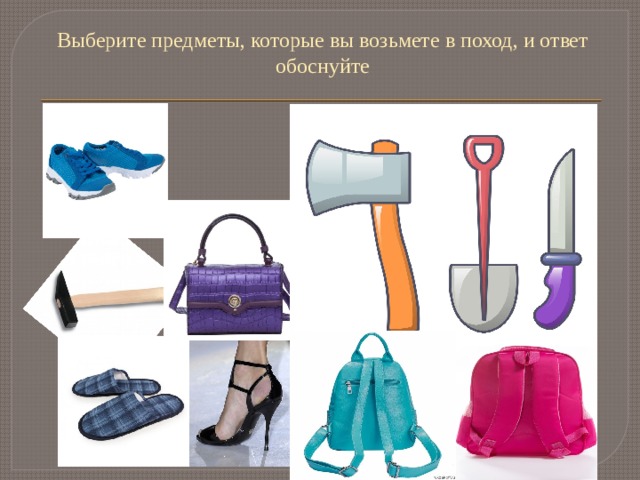 Выберите предметы, которые вы возьмете в поход, и ответ обоснуйте 