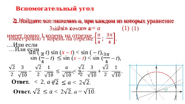 Вспомогательный угол 2. Найдите все значения a , при каждом из которых уравнение  3sin  x – cos  x = a    (1)   имеет ровно 1 корень на отрезке . … Или если  sin ( – t ) sin ( x – t ) t ),      Ответ. a = .   