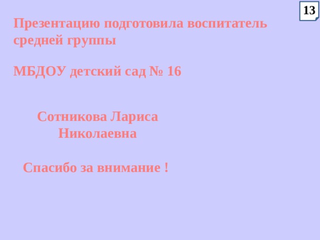 13 Презентацию подготовила воспитатель средней группы   МБДОУ детский сад № 16 Сотникова Лариса Николаевна  Спасибо за внимание ! 