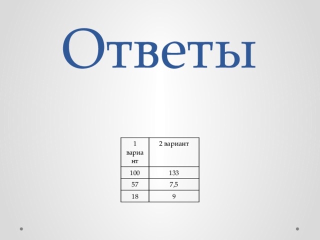 Ответы 1 вариант 100 2 вариант 57 133 7,5 18 9 