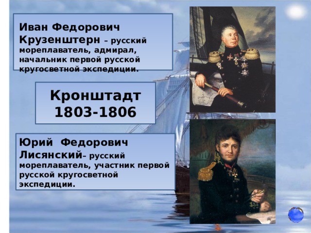 Иван Федорович Крузенштерн – русский мореплаватель, адмирал, начальник первой русской кругосветной экспедиции. Кронштадт 1803-1806 Юрий Федорович Лисянский – русский мореплаватель, участник первой русской кругосветной экспедиции. 