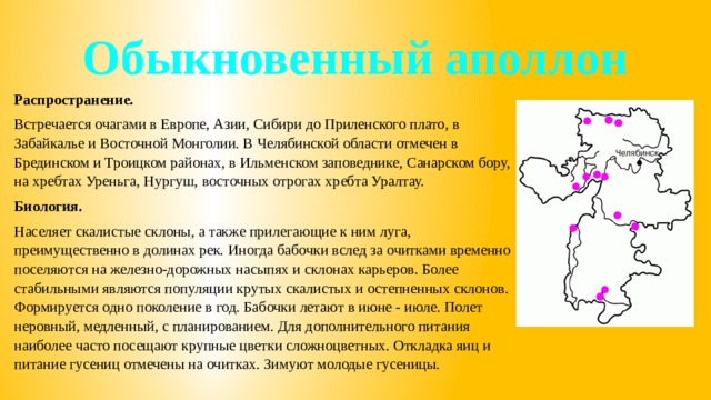 Обыкновенный аполлон Распространение. Встречается очагами в Европе, Азии, Сибири до Приленского плато, в Забайкалье и Восточной Монголии. В Челябинской области отмечен в Брединском и Троицком районах, в Ильменском заповеднике, Санарском бору, на хребтах Уреньга, Нургуш, восточных отрогах хребта Уралтау. Биология. Населяет скалистые склоны, а также прилегающие к ним луга, преимущественно в долинах рек. Иногда бабочки вслед за очитками временно поселяются на железно-дорожных насыпях и склонах карьеров. Более стабильными являются популяции крутых скалистых и остепненных склонов. Формируется одно поколение в год. Бабочки летают в июне - июле. Полет неровный, медленный, с планированием. Для дополнительного питания наиболее часто посещают крупные цветки сложноцветных. Откладка яиц и питание гусениц отмечены на очитках. Зимуют молодые гусеницы. 