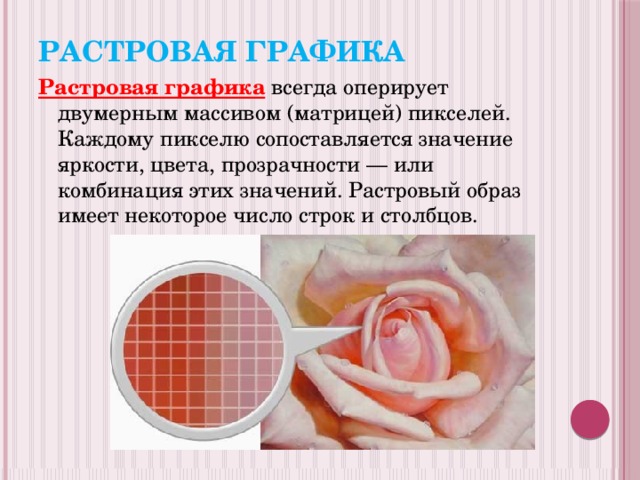 Растровая графика Растровая графика  всегда оперирует двумерным массивом (матрицей) пикселей. Каждому пикселю сопоставляется значение яркости, цвета, прозрачности — или комбинация этих значений. Растровый образ имеет некоторое число строк и столбцов. 
