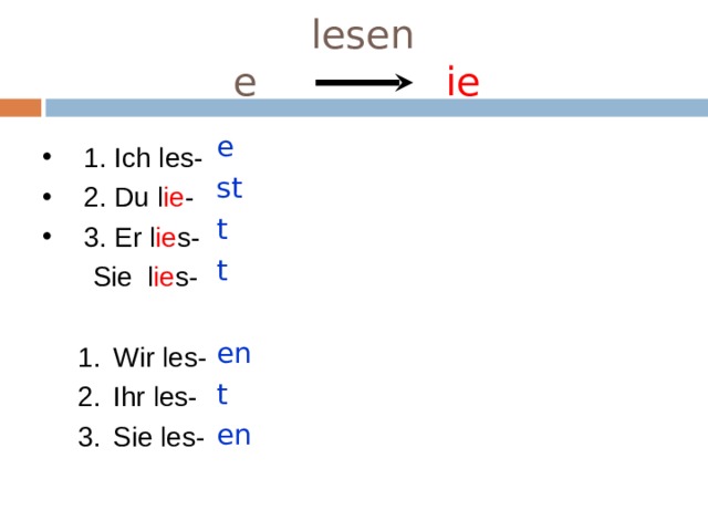lesen  e    ie  e st t t en t en 1. Ich les- 2. Du l ie - 3. Er l ie s-  Sie  l ie s-  Sie  l ie s-  Wir les- Ihr les- Sie les- Wir les- Ihr les- Sie les- 