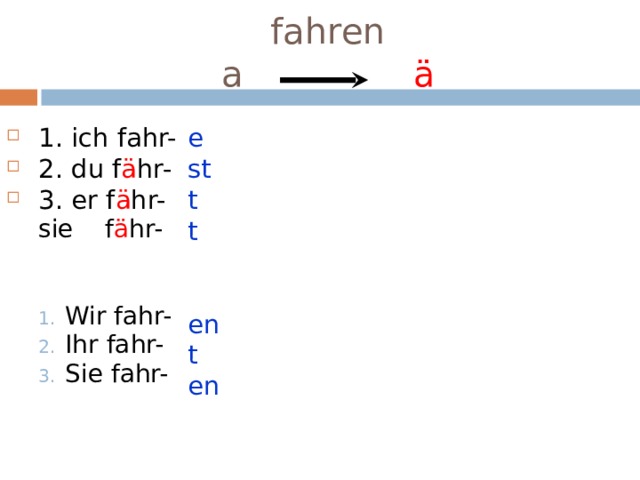 fahren  a    ä 1. ich fahr- 2. du f ä hr- 3. er f ä hr- e st t t sie f ä hr- sie f ä hr-   Wir fahr- Ihr fahr- Sie fahr-   Wir fahr- Ihr fahr- Sie fahr-   en t en 