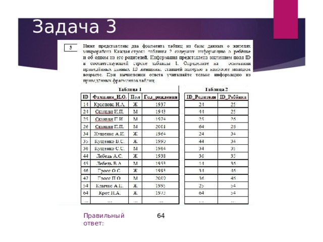 Задача 3 64 Правильный ответ: 