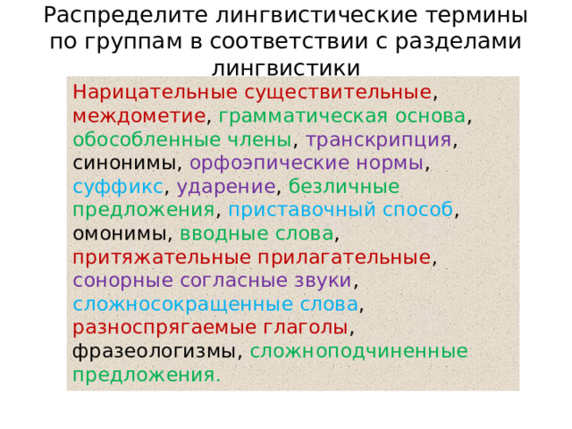 Распределите лингвистические термины по группам в соответствии с разделами лингвистики   Нарицательные существительные , междометие , грамматическая основа , обособленные члены , транскрипция , синонимы, орфоэпические нормы , суффикс , ударение , безличные предложения , приставочный способ , омонимы, вводные слова , притяжательные прилагательные , сонорные согласные звуки , сложносокращенные слова , разноспрягаемые глаголы , фразеологизмы, сложноподчиненные предложения. 