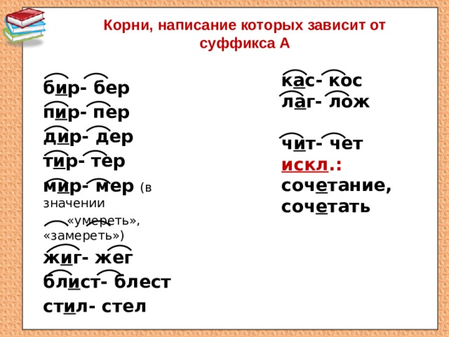 Корни, написание которых зависит от суффикса А   к а с- кос л а г- лож  ч и т- чет искл .: соч е тание, соч е тать б и р- бер п и р- пер д и р- дер т и р- тер м и р- мер (в значении  «умереть», «замереть») ж и г- жег бл и ст- блест ст и л- стел 