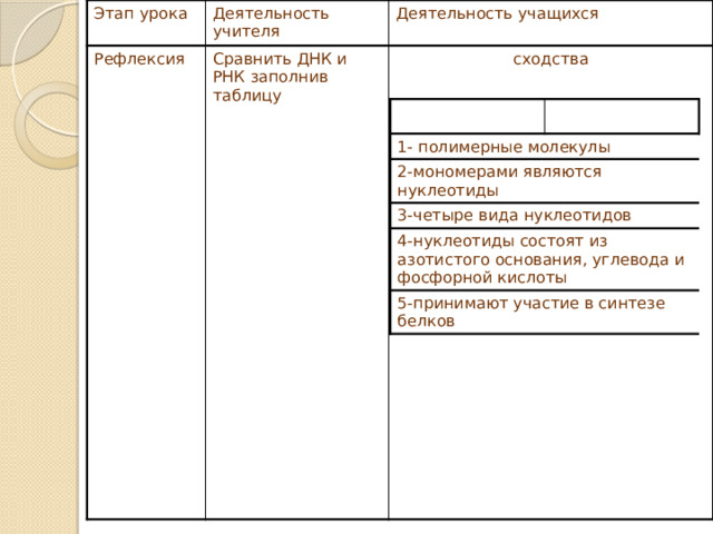 Этап урока Деятельность учителя Рефлексия Деятельность учащихся Сравнить ДНК и РНК заполнив таблицу сходства 1- полимерные молекулы 2-мономерами являются нуклеотиды 3-четыре вида нуклеотидов 4-нуклеотиды состоят из азотистого основания, углевода и фосфорной кислоты 5-принимают участие в синтезе белков 