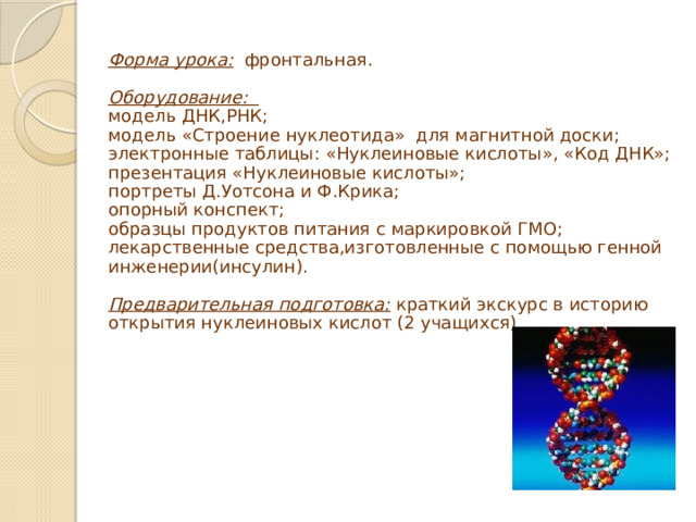 Форма урока:  фронтальная.  Оборудование: модель ДНК,РНК; модель «Строение нуклеотида» для магнитной доски; электронные таблицы: «Нуклеиновые кислоты», «Код ДНК»; презентация «Нуклеиновые кислоты»; портреты Д.Уотсона и Ф.Крика; опорный конспект; образцы продуктов питания с маркировкой ГМО; лекарственные средства,изготовленные с помощью генной инженерии(инсулин). Предварительная подготовка:  краткий экскурс в историю открытия нуклеиновых кислот (2 учащихся) 