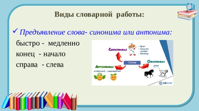 Виды словарной работы: Предъявление слова- синонима или антонима:  быстро - медленно  конец - начало  справа - слева 