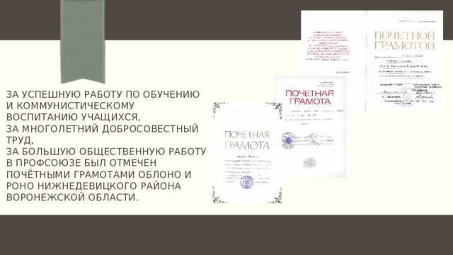 За успешную работу по обучению и коммунистическому воспитанию учащихся,  за многолетний добросовестный труд,  за большую общественную работу в профсоюзе был отмечен почётными грамотами облоно и роно нижнедевицкого района воронежской области. 