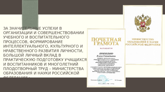 За значительные успехи в организации и совершенствовании учебного и воспитательного процессов, формирование интеллектуального, культурного и нравственного развития личности, большой личный вклад в практическую подготовку учащихся и воспитанников и многолетний плодотворный труд – министерства образования и науки российской федерации ; 