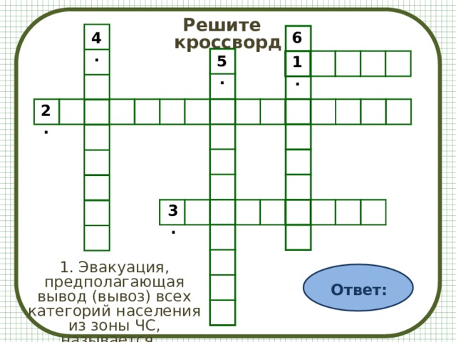 Решите кроссворд 6. 4. 5. 1.           2. 3. 1. Эвакуация, предполагающая вывод (вывоз) всех категорий населения из зоны ЧС, называется...   Ответ: 