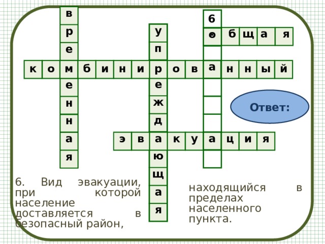 в р е е н н а я 6. о а а у п е ж д ю щ а я     б щ а    я к о м б и н и р о в н н ы й Ответ: э в а к у ц и я 6. Вид эвакуации, при которой население доставляется в безопасный район,   находящийся в пределах населенного пункта. 