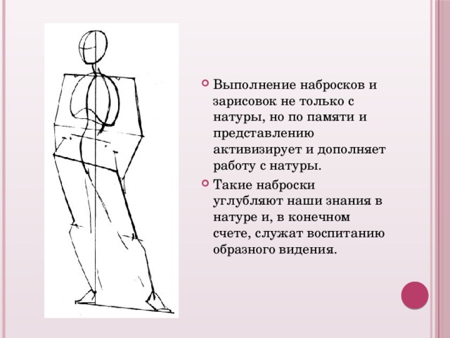Выполнение набросков и зарисовок не только с натуры, но по памяти и представлению активизирует и дополняет работу с натуры. Такие наброски углубляют наши знания в натуре и, в конечном счете, служат воспитанию образного видения. 