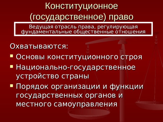Конституционное (государственное) право Ведущая отрасль права, регулирующая фундаментальные общественные отношения Охватываются: Основы конституционного строя Национально-государственное устройство страны Порядок организации и функции государственных органов и местного самоуправления 
